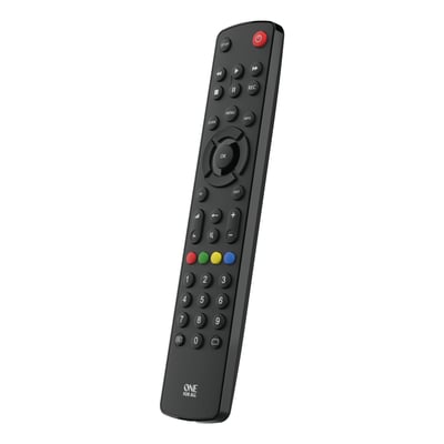 Vinklet billede af One For All URC 7115 Evolve TV universalfjernbetjening med et slankt, ergonomisk design.