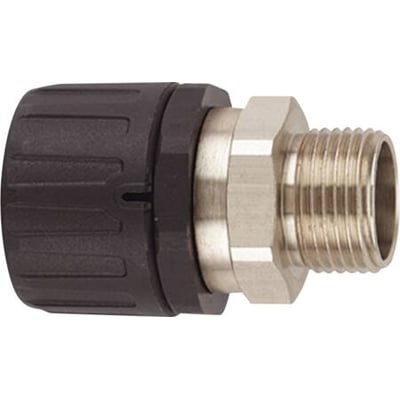 HellermannTyton Forskruning PA66 SM-PG9 i sort plast med et PG9 gevind i metal. Dette viser en standard IP66 forskruning med omløber.