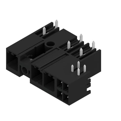 Weidmüller hybridkonnektor til printmontering med tre poler, 7,62 mm afstand og 270° udgående vinkel.