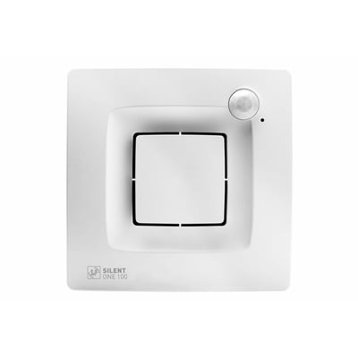 Frontvisning af den hvide Thermex Silent One ventilator, der viser den kvadratiske front med en central udluftningsåbning og integrerede sensorer.