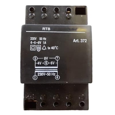 Sort RTB trafo til DIN-skinne montage med mærkning Art. 372, 230V 50 Hz, 4-6-8V 1A.