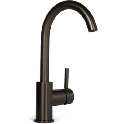 Elegant håndvaskarmatur i gun metal med C-formet tud, stående på en hvid baggrund.