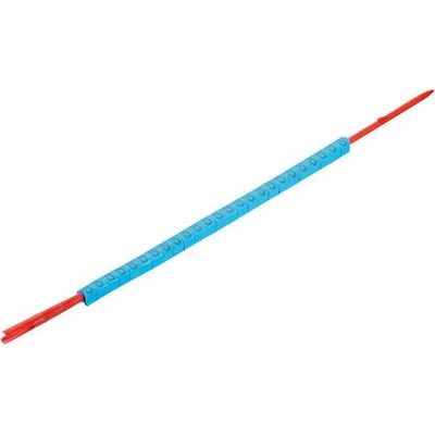 Weidmüller CLI R 02-3 BL/SW 6 ledningsmærker på dorn, blå mærker med nummer 6 på rød ledning på hvid baggrund.