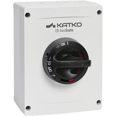Katko KEM 380 M3 sikkerhedsafbryder, 3 x 80 A, i hvidt kabinet med sort drejegreb set forfra.