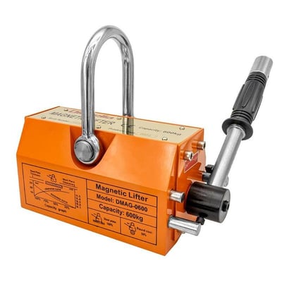 Diesella DMAG-0600 permanent løftemagnet i orange med ophængsbøjle og betjeningsarm, til løft op til 600/300 kg.