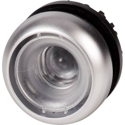 Bagside af Eaton M22-D-X trykknap, viser monteringsmekanisme og en transparent indsats.