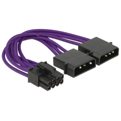 Lilla DeLOCK-adapterkabel med tekstilafskærmning, 8-pin PCI-E-stik og to 4-pin-stik.