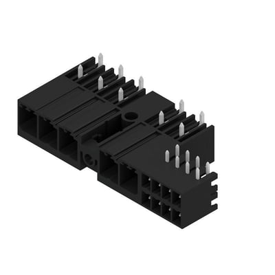 Weidmüller 5-polet hybridstik til printkort med sort hus, 7,62 mm afstand og synlige metalstifter.