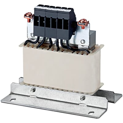 Siemens SINAMICS netdrossel, 380-480V, 22,3A, standalone med en hvid kerne og sorte ledningsforbindelser på et monteringsbeslag.