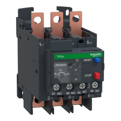 Schneider Electric TeSys D termorelæ LRD3656 med justerbar strøm mellem 48-65A, vist med kobberterminaler og reset/stop-knapper.