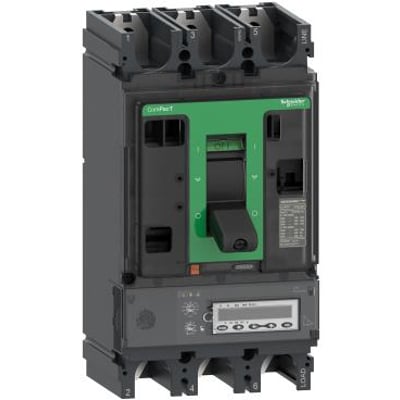 Schneider Electric ComPacT NSX400HB2 maksimalafbryder 3P 3d med 320A MicroLogic 6.3 EM strømrelæ og integreret energimåler, vist med grønt håndtag i OFF-position.