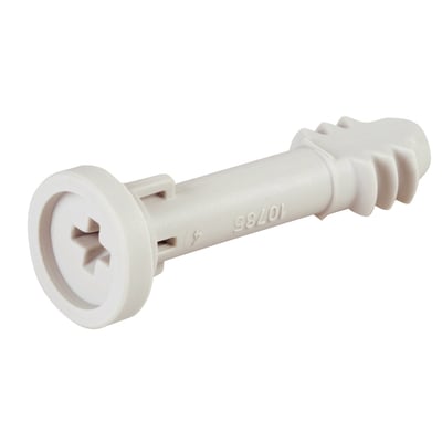 Fibox kærvskrue CS10256 i grå plast med krydskærv og ribbet ende på hvid baggrund.