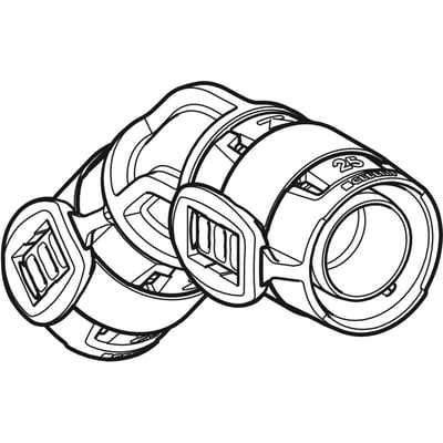 Sort-tegning af en Geberit FlowFit 45° bøjning til 25mm rør, der viser muffe/muffe-forbindelser.