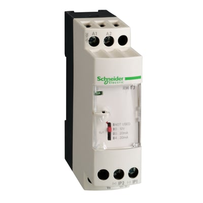 Schneider Electric Zelio temperaturtransmitter RM TJ med hvidt og sort kabinet, monterbar på DIN-skinne, viser indstillingsmuligheder og tilslutningsklemmer.