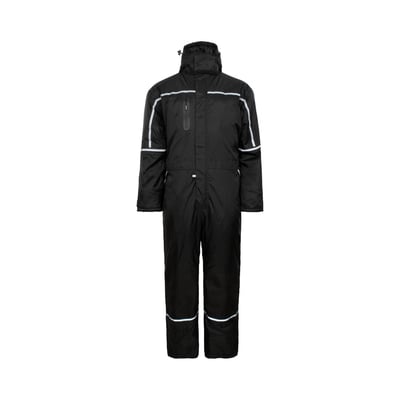 Sort Lyngsøe Rainwear LR7033 vinterdragt til børn i størrelse 8 år, set forfra med hætte og refleksstriber.