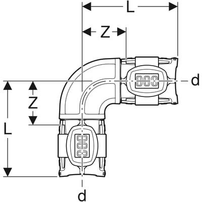 Teknisk tegning af Geberit FlowFit 90° bøjning til 50 mm rør, der viser mål og dimensioner (L, Z, d).