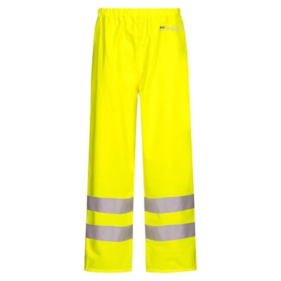 Lyngsøe Rainwear FR-LR52 brandhæmmende hi-vis regnbuks i gul, størrelse XS, set forfra med refleksbånd ved benene.