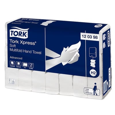 Pakke med 180 hvide, 2-lags Tork Xpress Soft Advanced multifold håndklædeark i blå og hvid emballage.