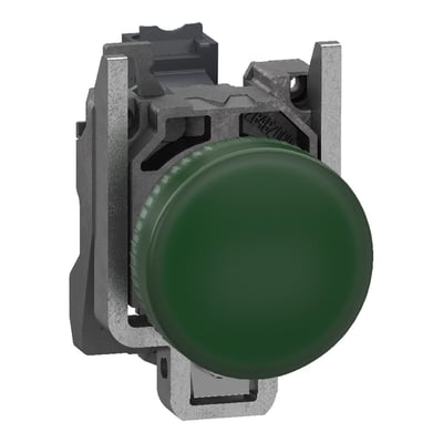 Schneider Electric XB4BVG35 grøn signallampe med LED, komplet og klar til montering med push-in fjederklemmer på hvid baggrund.