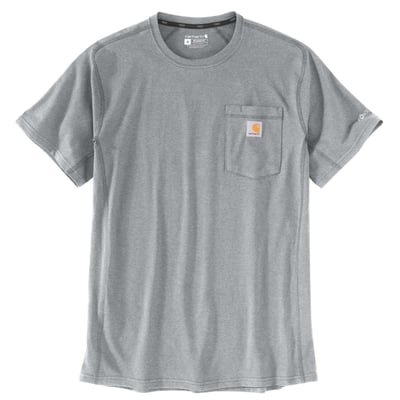 Grå Carhartt Force-t-shirt i størrelse M med rund hals, korte ærmer og brystlomme.