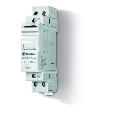 Finder kiprelæ 230V AC med 16A kapacitet og 2 sluttekontakter, monteret på en hvid overflade.