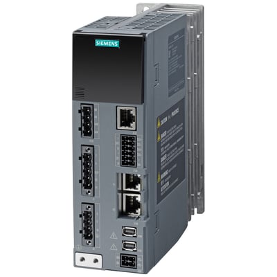 Siemens SINAMICS S210 frekvensomformer med flere tilslutningsporte og mærkater på siden, grå og sort plast.