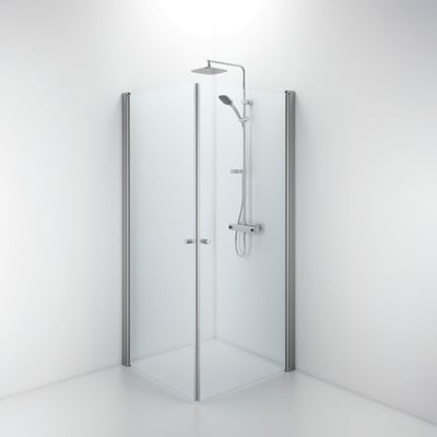 Contura Shower Space lige dør med mat aluminiumsprofil og klart glas på 77 cm, med brusehoved og armatur.