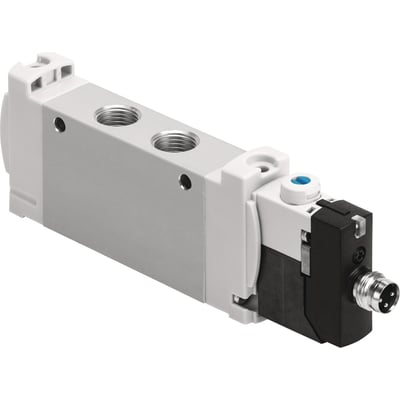 Festo VUVG-Lk10-M52-At-M7-1R8L-S, en kompakt 5/2 monostabil enkelventil i aluminium og plast med M7-gevindtilslutninger på hvid baggrund.