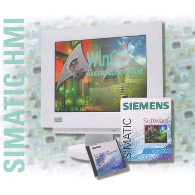 Siemens Simatic WinCC HMI software licens med computer-skærm, software-æske og CD-ROM på et mønstret baggrundstapet.