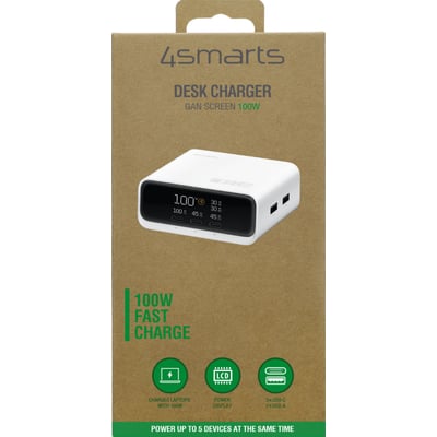 Emballagen til 4smarts Desk Charger GaN Screen viser den hvide bordoplader med skærm og porte.