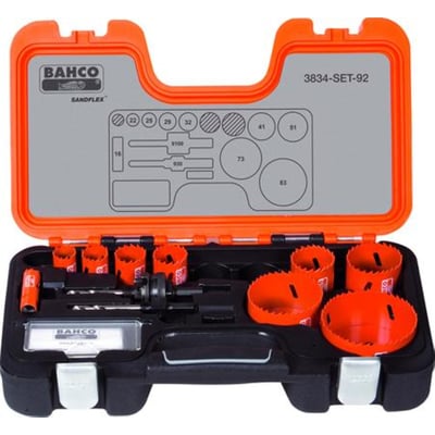 Bahco SANDFLEX bi-metal hulsavesæt fra 16 til 83 mm i åben orange og sort kuffert med hulsave og holdere.