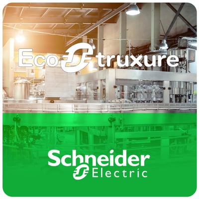 Schneider Electric logo og 'EcoStruxure' tekst over et billede af en avanceret produktionslinje i en fabrik.