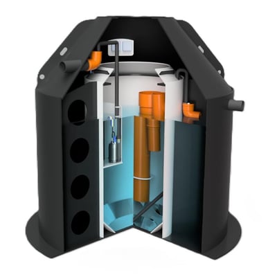 WS Bioclean minirenseanlæg i SOP plast, 5 PE kapacitet, vist med tværsnit, der viser indre komponenter og vandniveau.