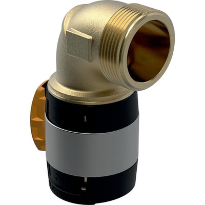 Geberit FLOWFIT 90° bøjning i blyfri rødgods med 50 mm pres-ende og 1 1/2" udvendigt gevind, set fra siden.