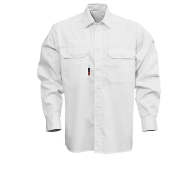 Kansas arbejdsskjorte i hvid, str. XL, lavet af 100% kæmmet bomuld med to brystlommer og separate lommer. Skjorten har lange ærmer og er præsenteret på hvid baggrund.
