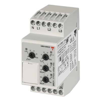Carlo Gavazzi faseovervågningsrelæ til trefaset system med to relæudgange, drejeknapper og klemmer øverst og nederst.