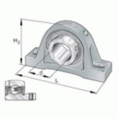 Leje INA PASEY40-XL-N med stålejehus og dimensioner L, D, H2 vist. Pinolskruer og P-tætning fremhævet.