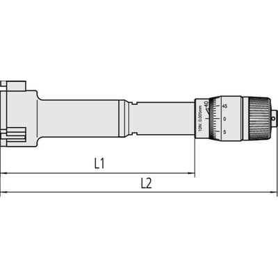 3-punkts indvendigt mikrometer 16-20 mm med 0,005 mm præcision, der viser måleskala og dimensioner L1 og L2.