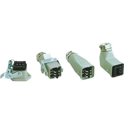 Forskellige Harting stikindsatser i grå og lysegrå farver, der viser flere konfigurationer af 6-polede han-stik.