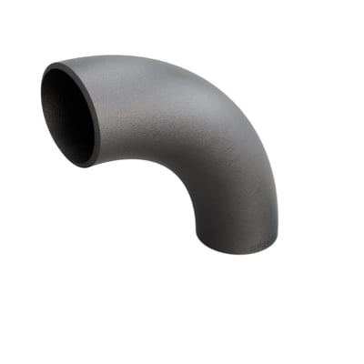 Indura 90° bøjning i P235GH-TC1 stål, 57x2,9 mm. Bøjningen har en radius på 127,5 mm og hvid baggrund.