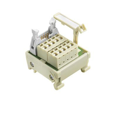 Weidmüller interfacemodul med terminaler og plug-in-stik, vist skråt forfra med åbent tilslutningsgreb.