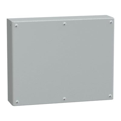 Schneider Electric metalklemkasse set bagfra, viser robust konstruktion i RAL 7035 og fastgjort med skruer.