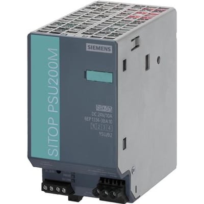 Siemens Sitop PSU200M strømforsyning, 24 V DC, 10 A, i grå og sølvfarvet design med synlige terminaler.
