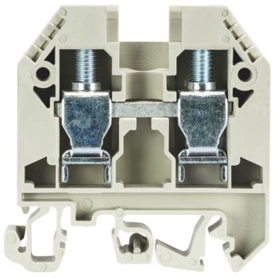 Bleggrå Wieland rækkeklemme 10mm² med skruetilslutning og universal-fod, set fra siden med fokus på montering og bredde.