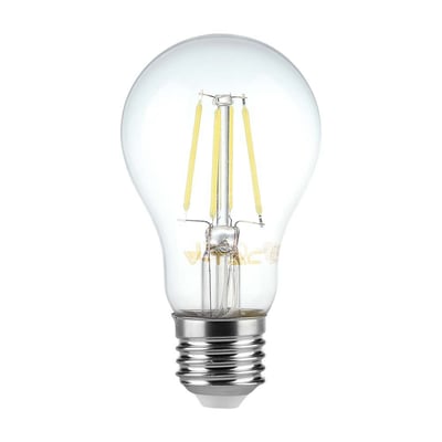 V-TAC A60 LED-pære med klar glas og synlige filamenter, E27 fatning, hvid baggrund.