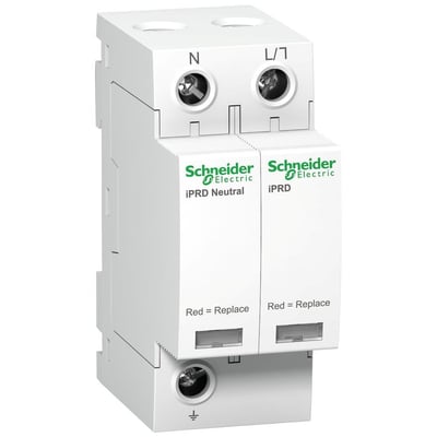 Schneider Electric overspændingsafleder iPRD 20r 1PN 350V med mærkninger N, L/N og jord, samt "Red = Replace" indikator.
