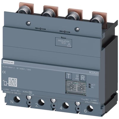Siemens RCD modul 3VA9 RCD520, 4-polet fejlstrømsenhed med justerbar fejlstrøm og forsinkelse, vist på neutral baggrund.