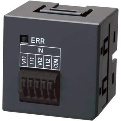 Omron Sysmac NX1P analog I/O skrueløst optionskort med markeringer for fejl (ERR), indgange (IN), VI1, II1, VI2, I12 og COM.
