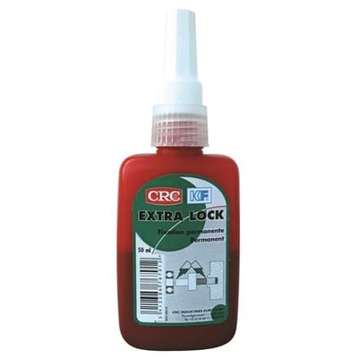CRC Extra Lock 50 ml flaske med rød farve og grøn etikette, der angiver 'Fixation permanente'.