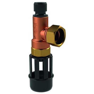 Kemper sikkerhedsventil i rødgods med 1" tilslutning og 10 bar åbningstryk, viser detaljer på et hvidt baggrund.